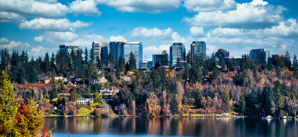 A scenic view of Bellevue with skyscrapers hidden behind trees across Lake Washington