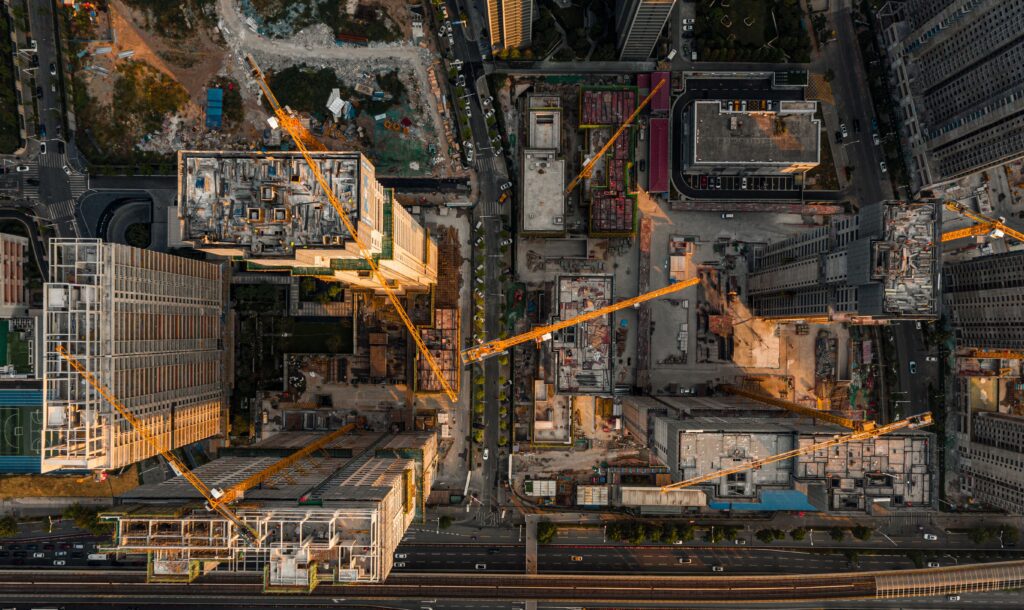 Bird's eye view of tall buildings under construction A bird's eye view of tall buildings under construction